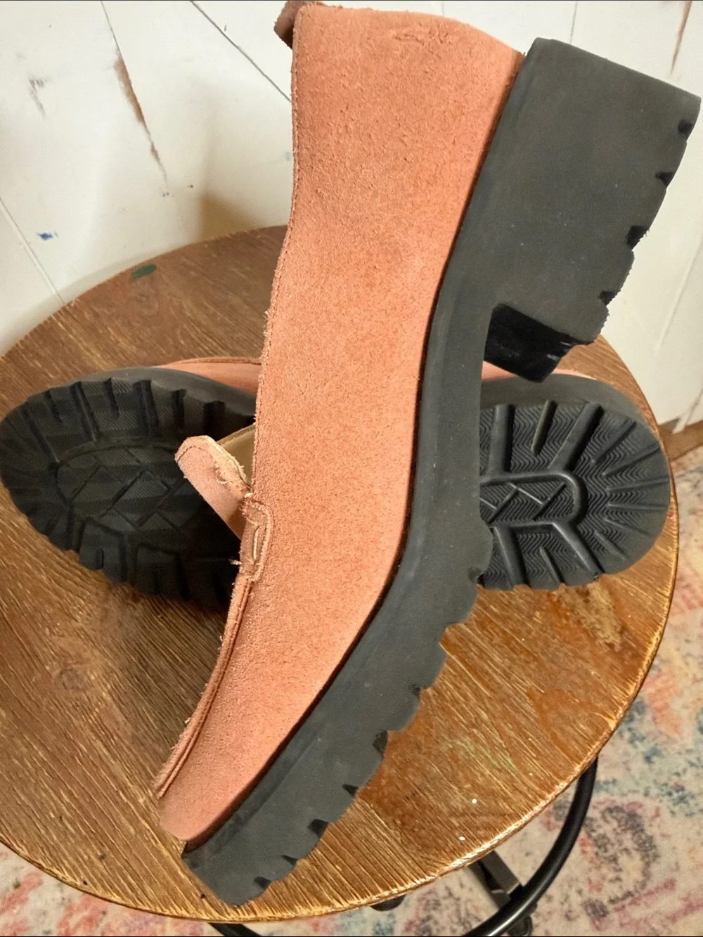 Hush Puppies Lucy Suede Loafers in Dusty Pink with Chunky Black Sole
